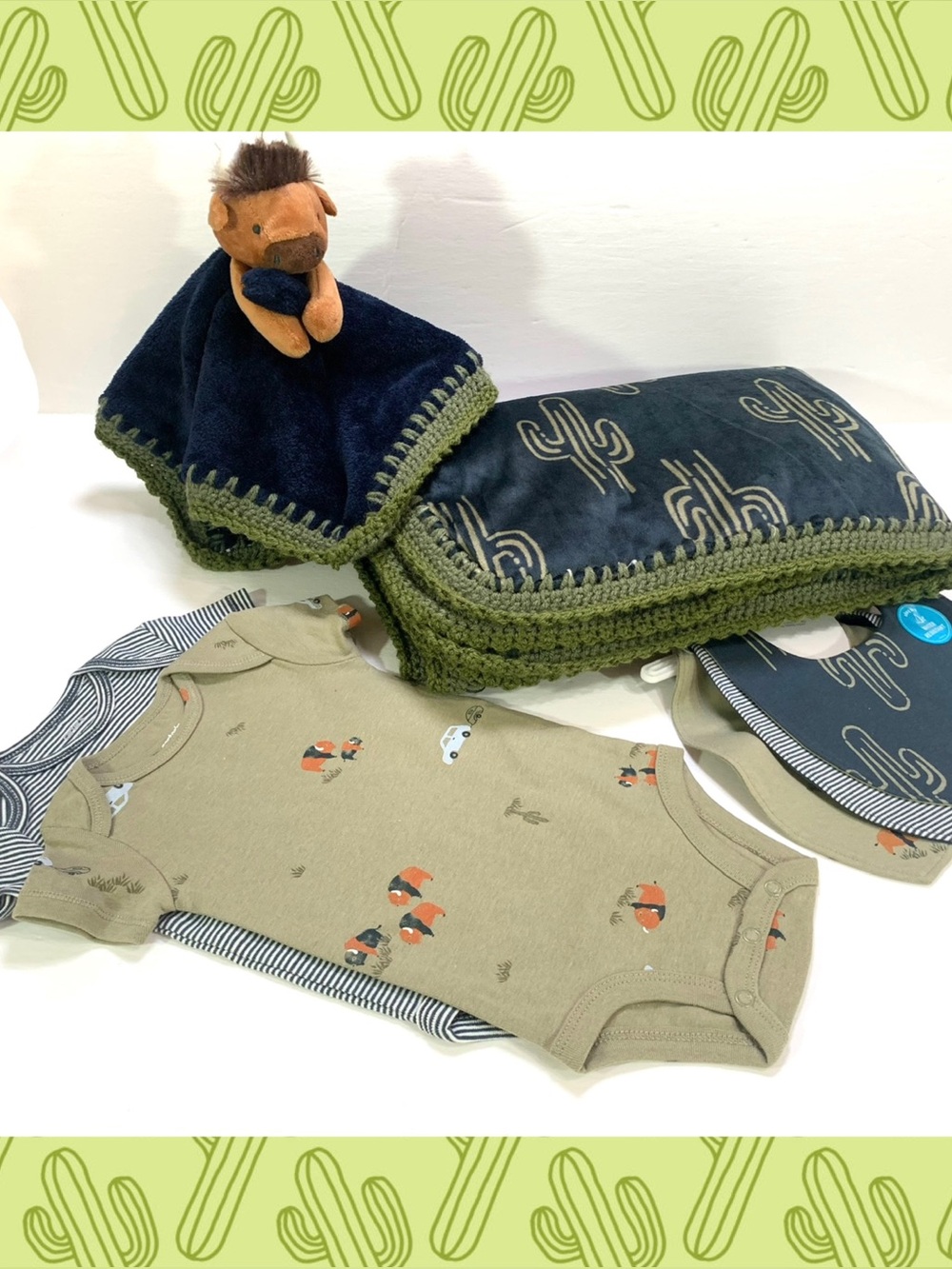 Buffalo Bison Desert Cactus Minky Sherpa Crochet Baby Blanket 7 Pc Gift Set